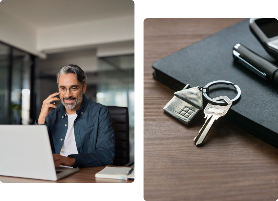 Smiling man talking on the phone at his laptop with house keys nearby